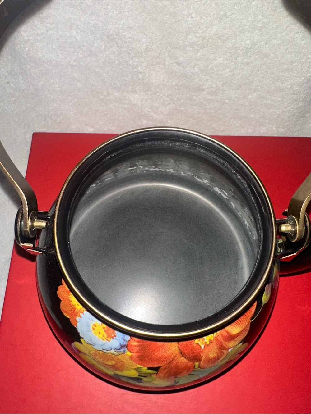 MacKenzie-Childs Floral Black Enamel Tea Kettle with Wooden Handle - Picture 6 of 7